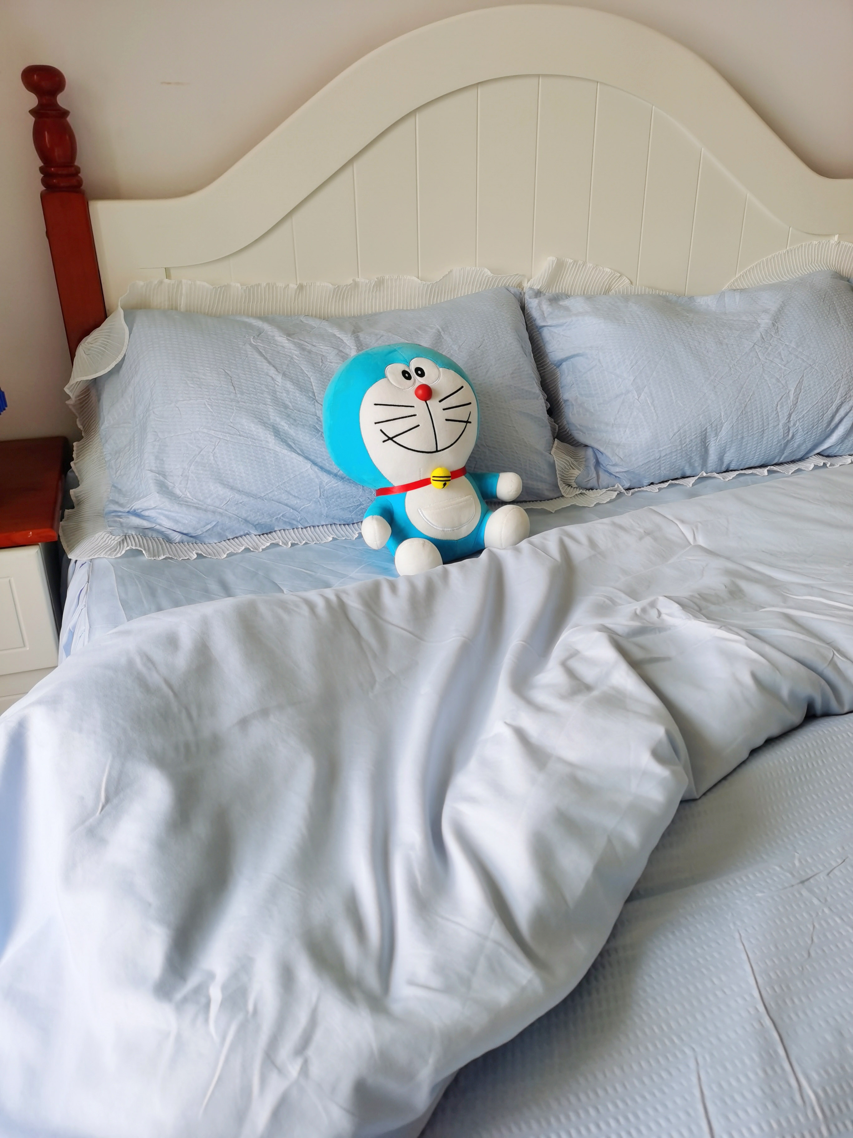 91家纺网 家纺一手货源 找家纺 慕澄家纺 2022新款华夫格雪纺花边四件套 天空蓝