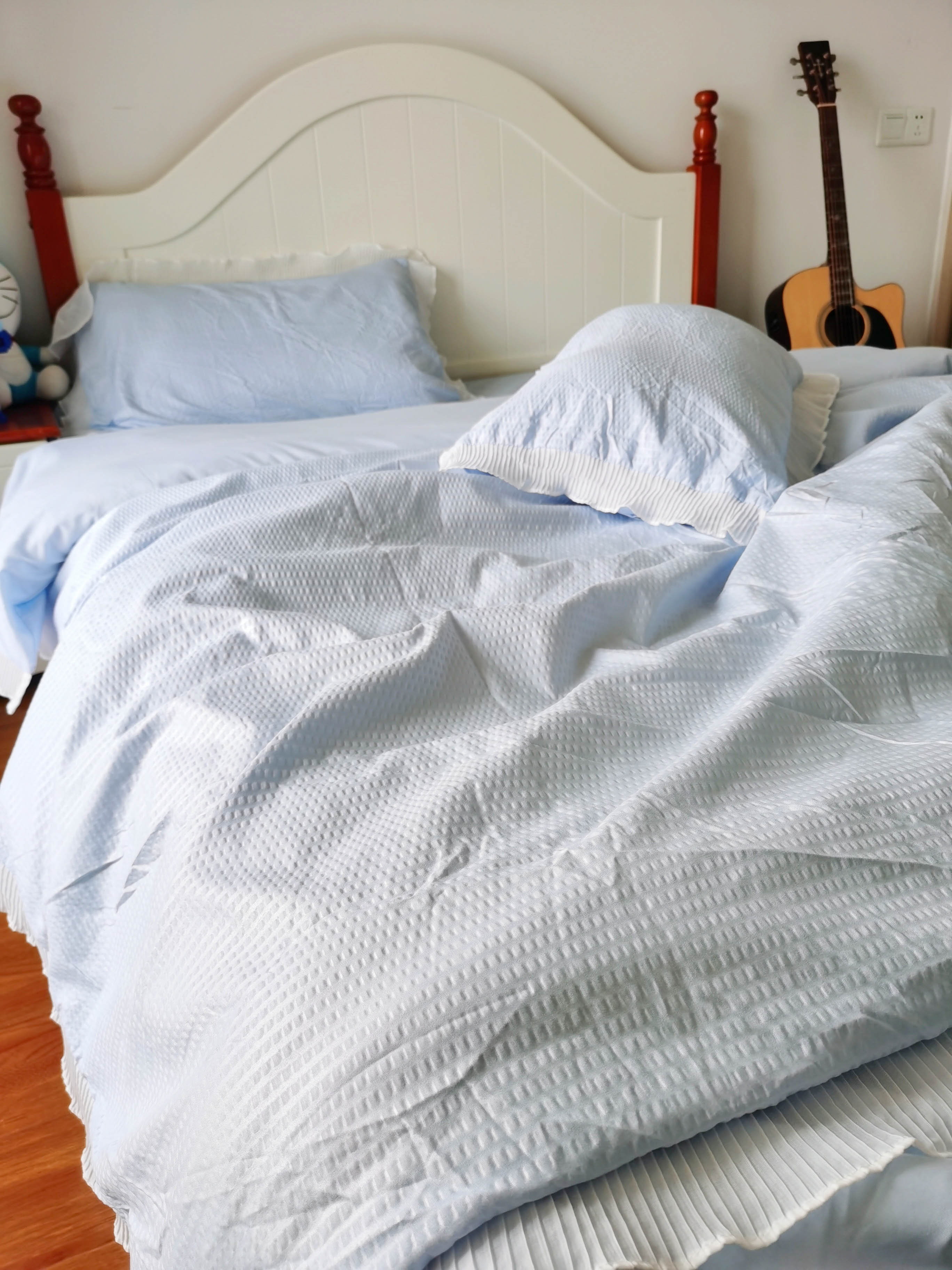 91家纺网 家纺一手货源 找家纺 慕澄家纺 2022新款华夫格雪纺花边四件套 天空蓝