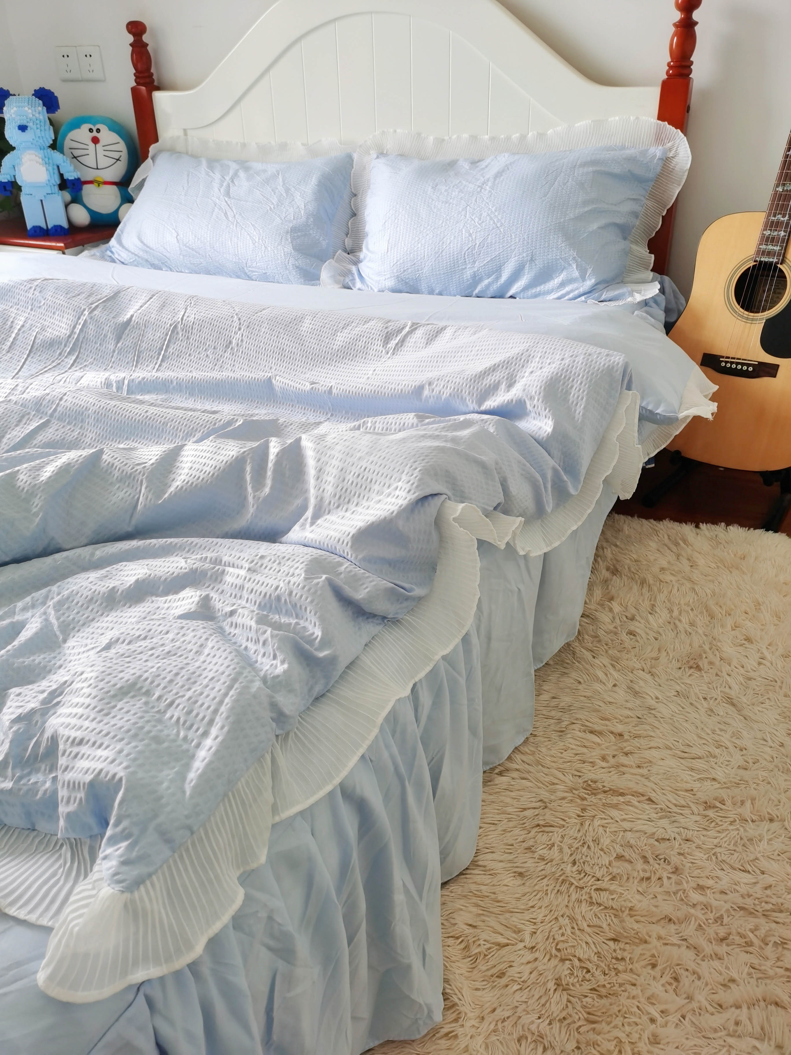 91家纺网 家纺一手货源 找家纺 慕澄家纺 2022新款华夫格雪纺花边四件套 天空蓝