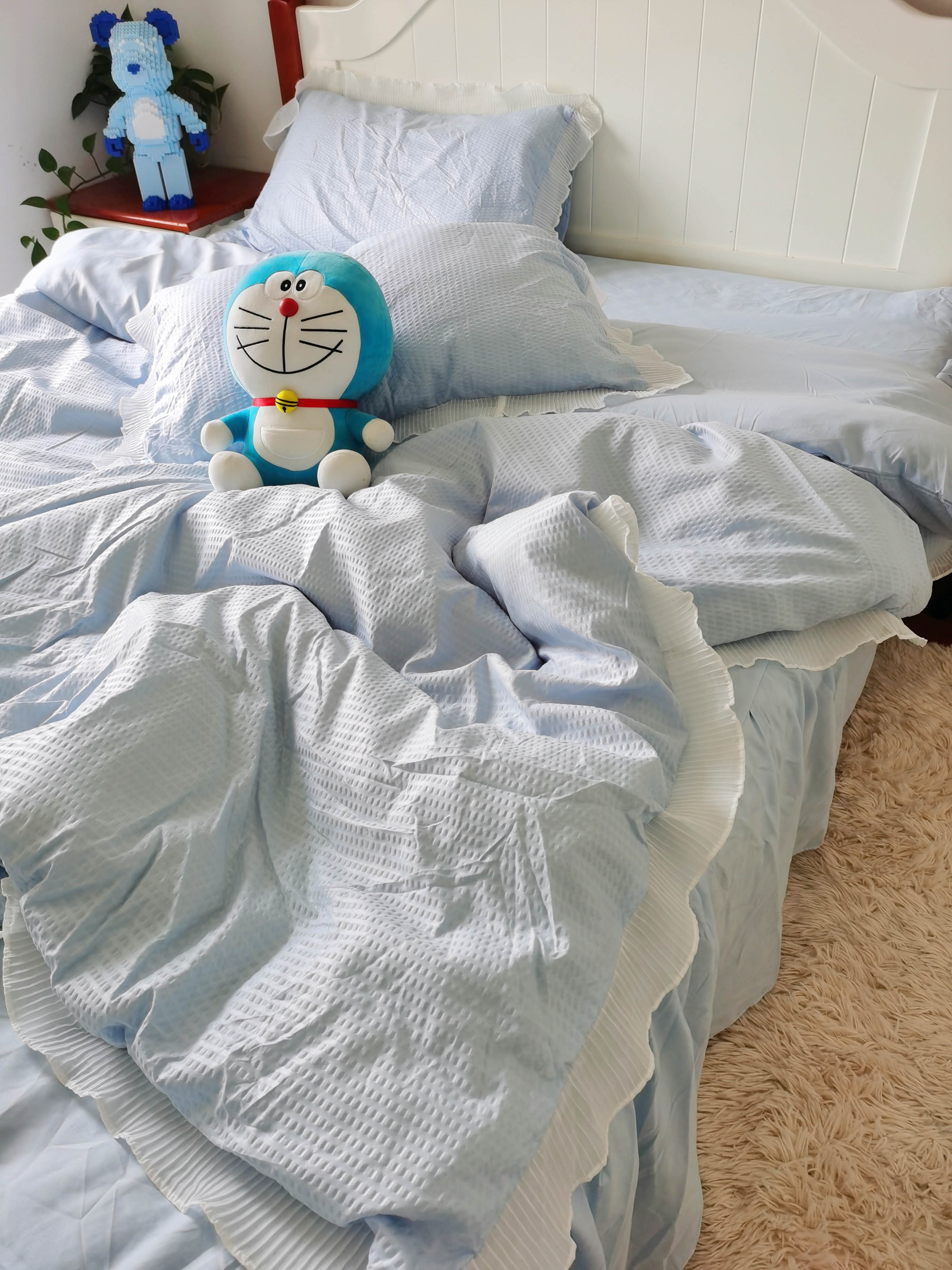 91家纺网 家纺一手货源 找家纺 慕澄家纺 2022新款华夫格雪纺花边四件套 天空蓝