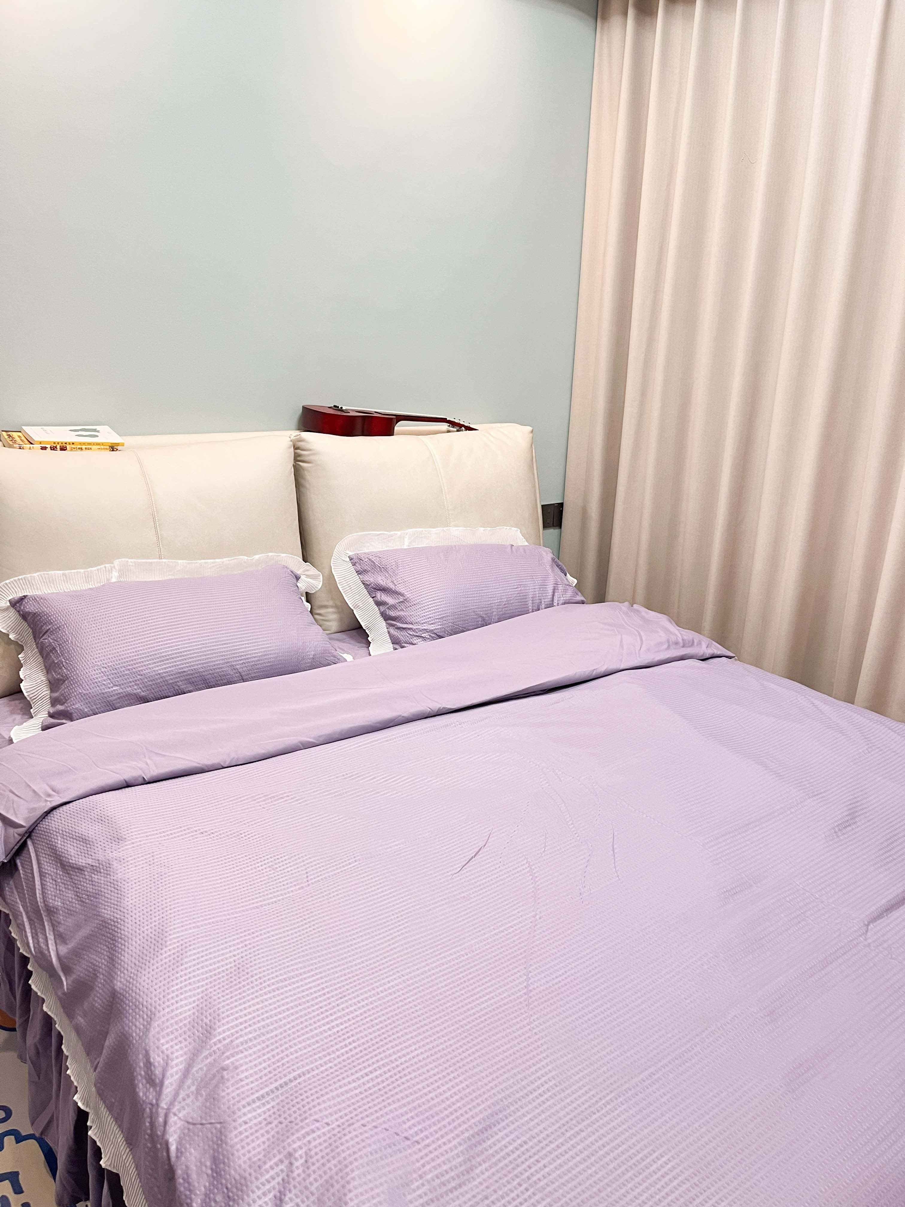 91家纺网 家纺一手货源 找家纺 慕澄家纺 2022新款华夫格雪纺花边四件套 魅惑紫