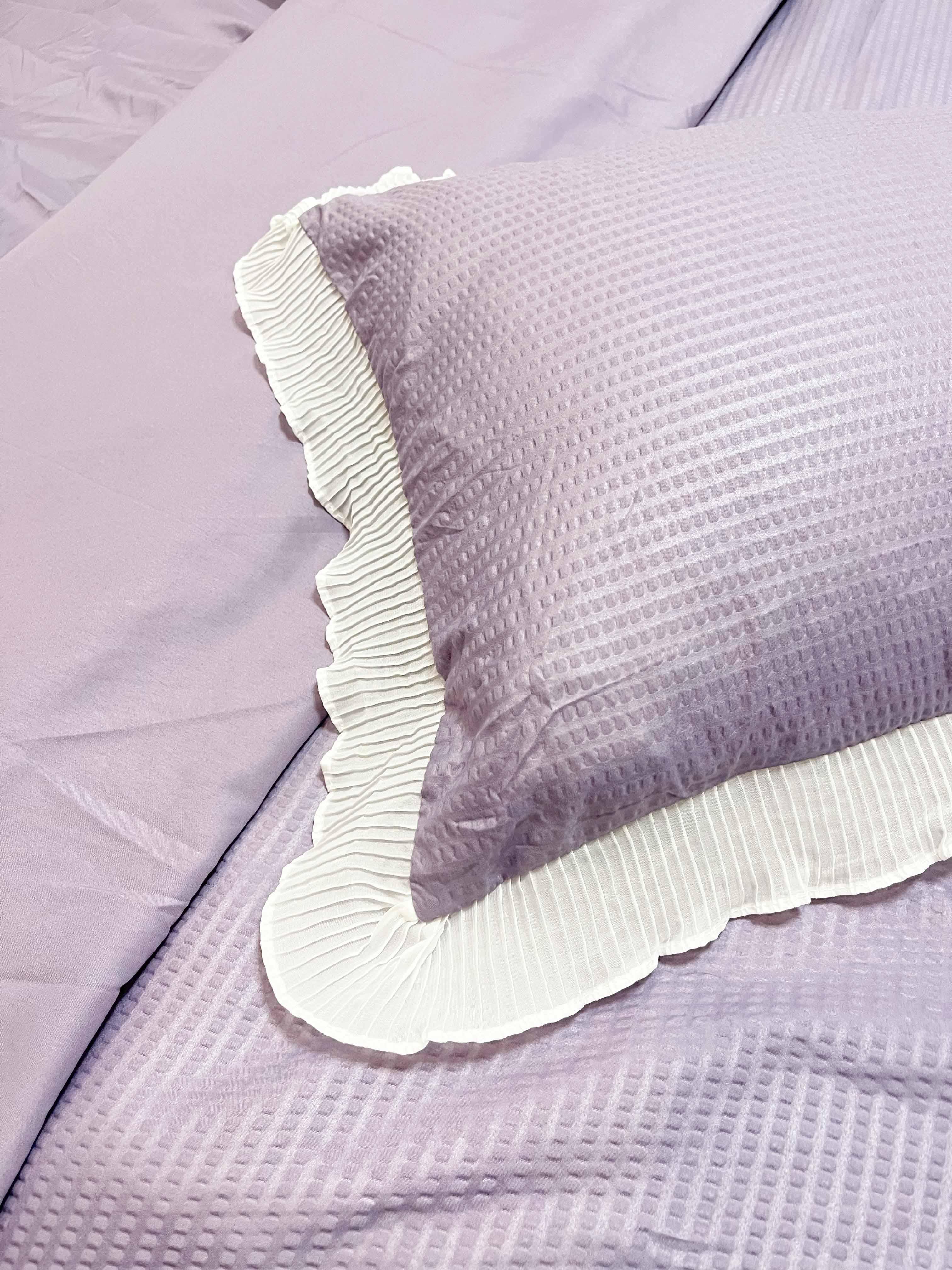 91家纺网 家纺一手货源 找家纺 慕澄家纺 2022新款华夫格雪纺花边四件套 魅惑紫