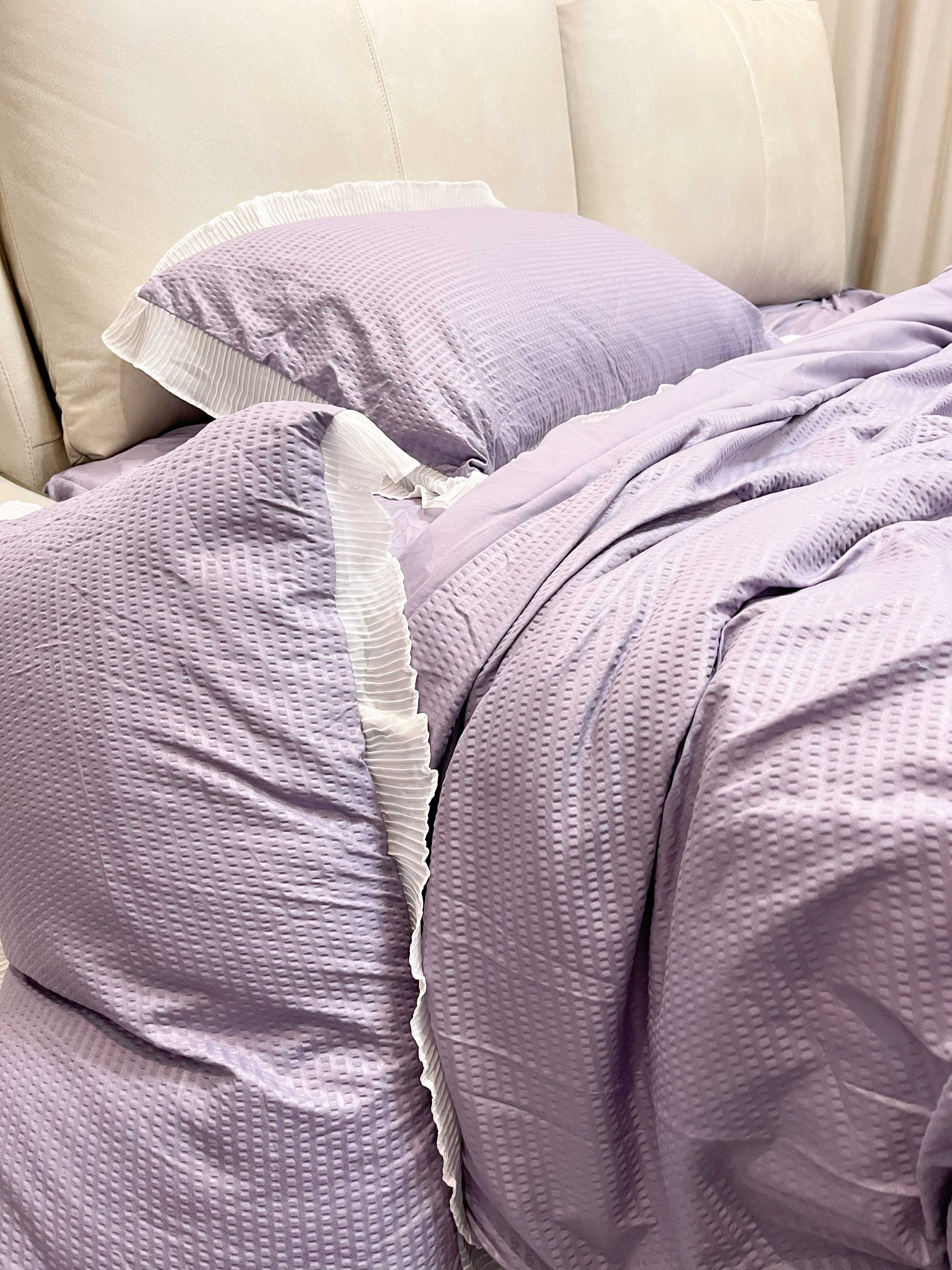 91家纺网 家纺一手货源 找家纺 慕澄家纺 2022新款华夫格雪纺花边四件套 魅惑紫