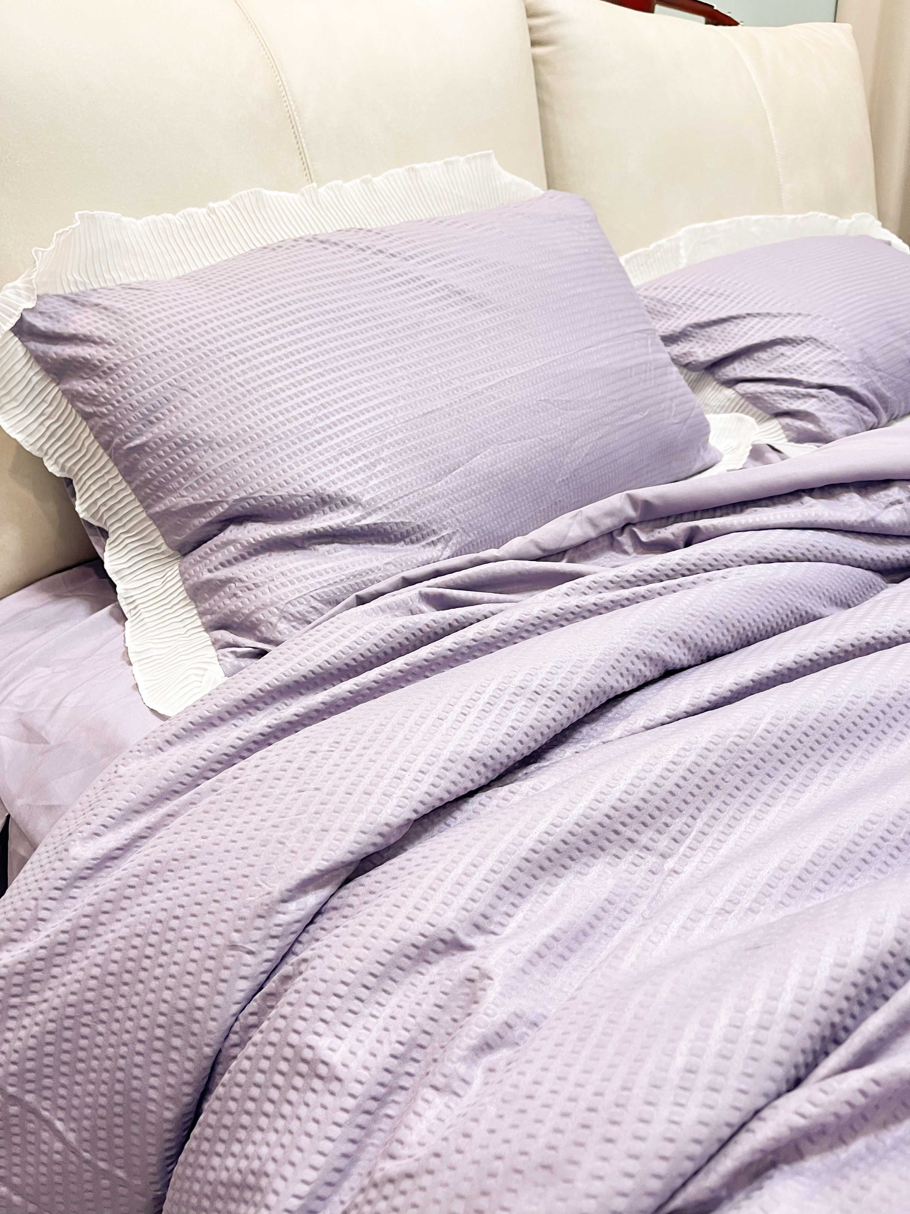 91家纺网 家纺一手货源 找家纺 慕澄家纺 2022新款华夫格雪纺花边四件套 魅惑紫