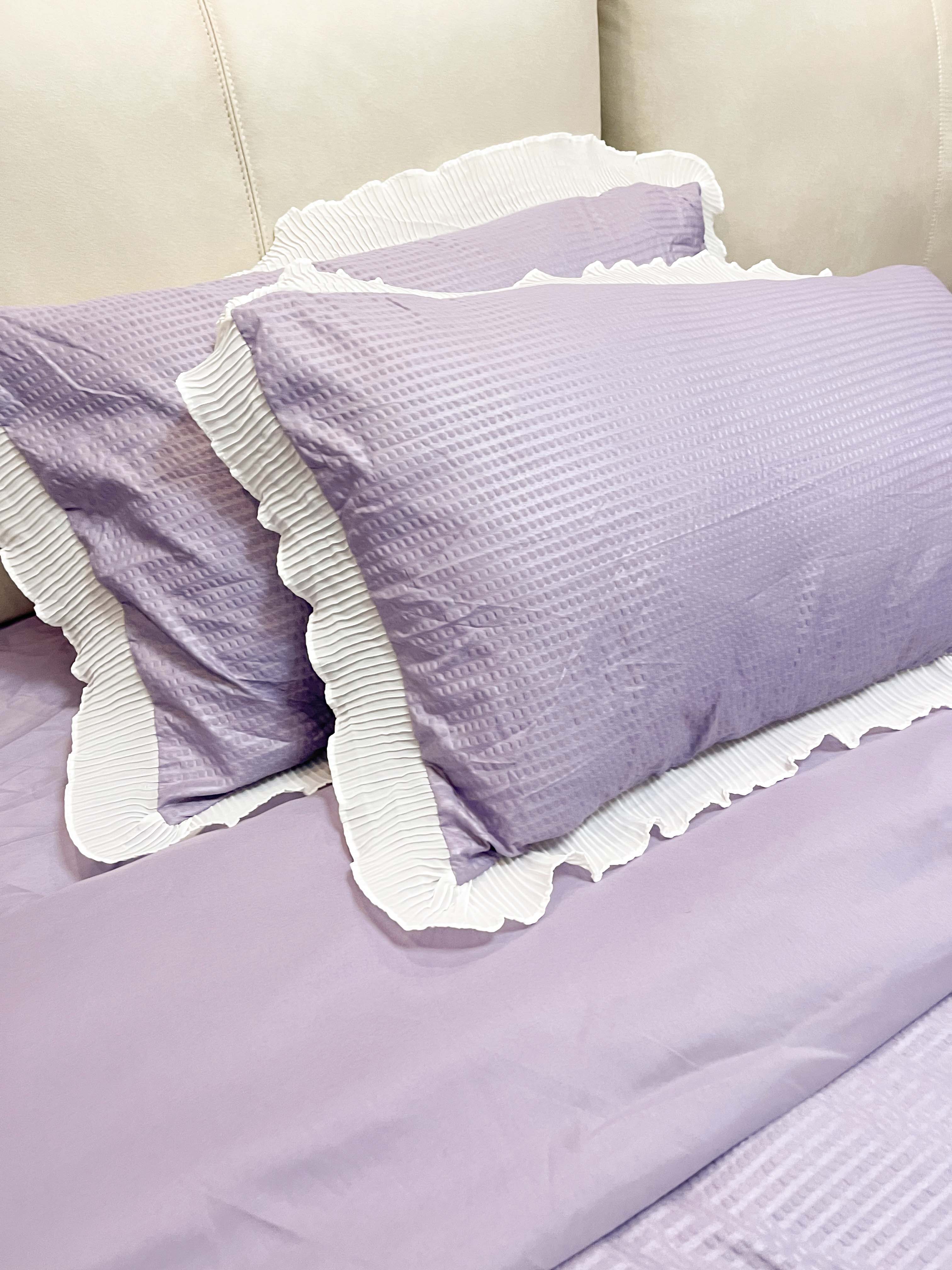 91家纺网 家纺一手货源 找家纺 慕澄家纺 2022新款华夫格雪纺花边四件套 魅惑紫