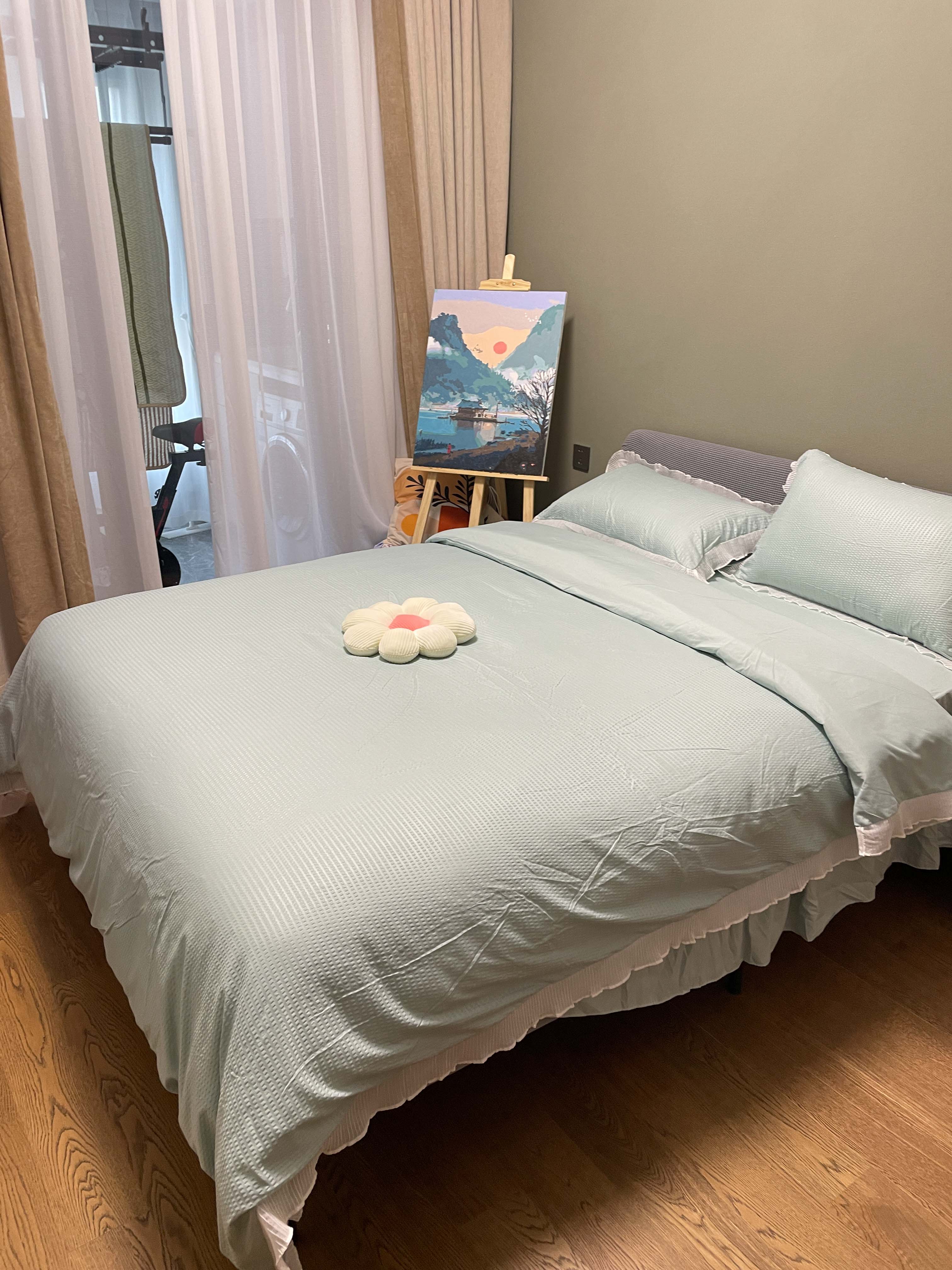 91家纺网 家纺一手货源 找家纺 慕澄家纺 2022新款华夫格雪纺花边四件套 湖水绿