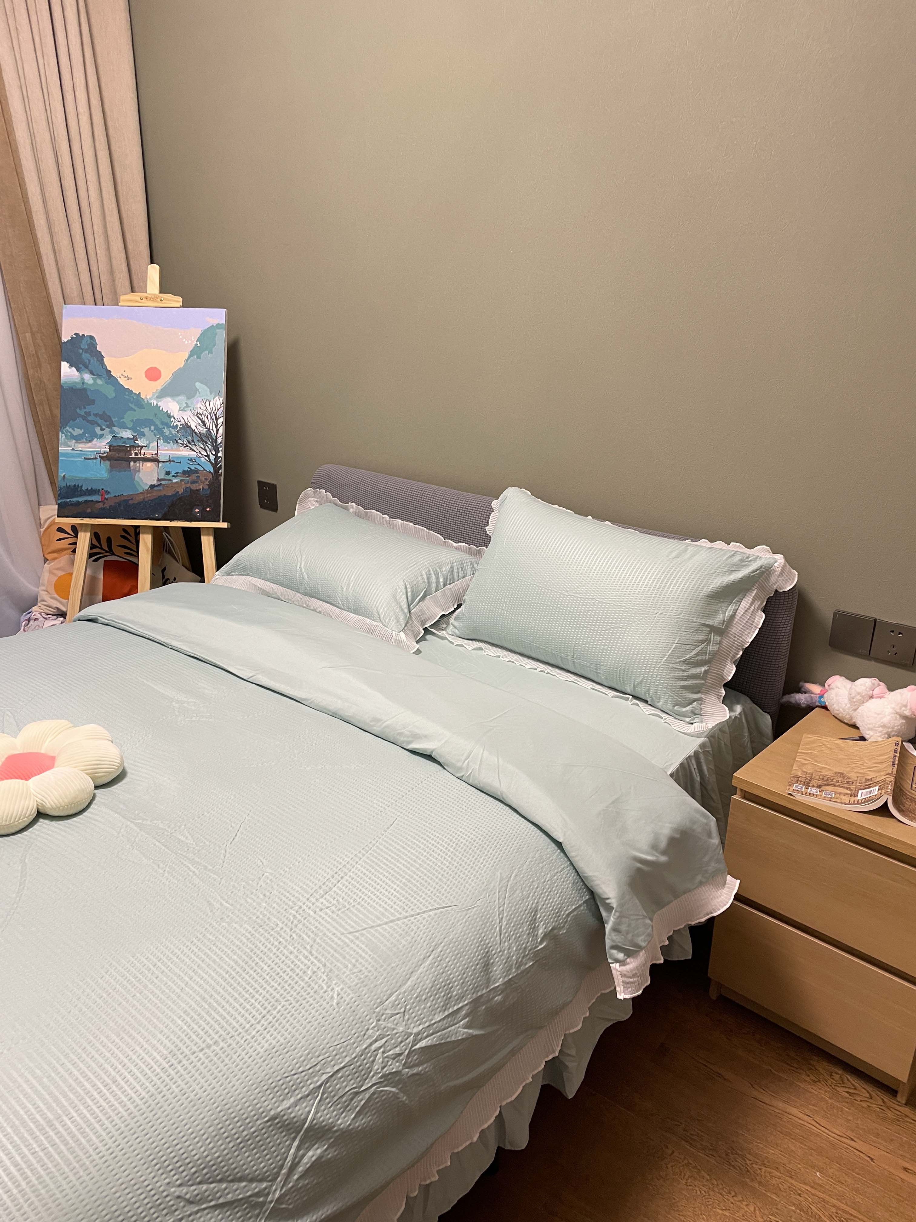 91家纺网 家纺一手货源 找家纺 慕澄家纺 2022新款华夫格雪纺花边四件套 湖水绿