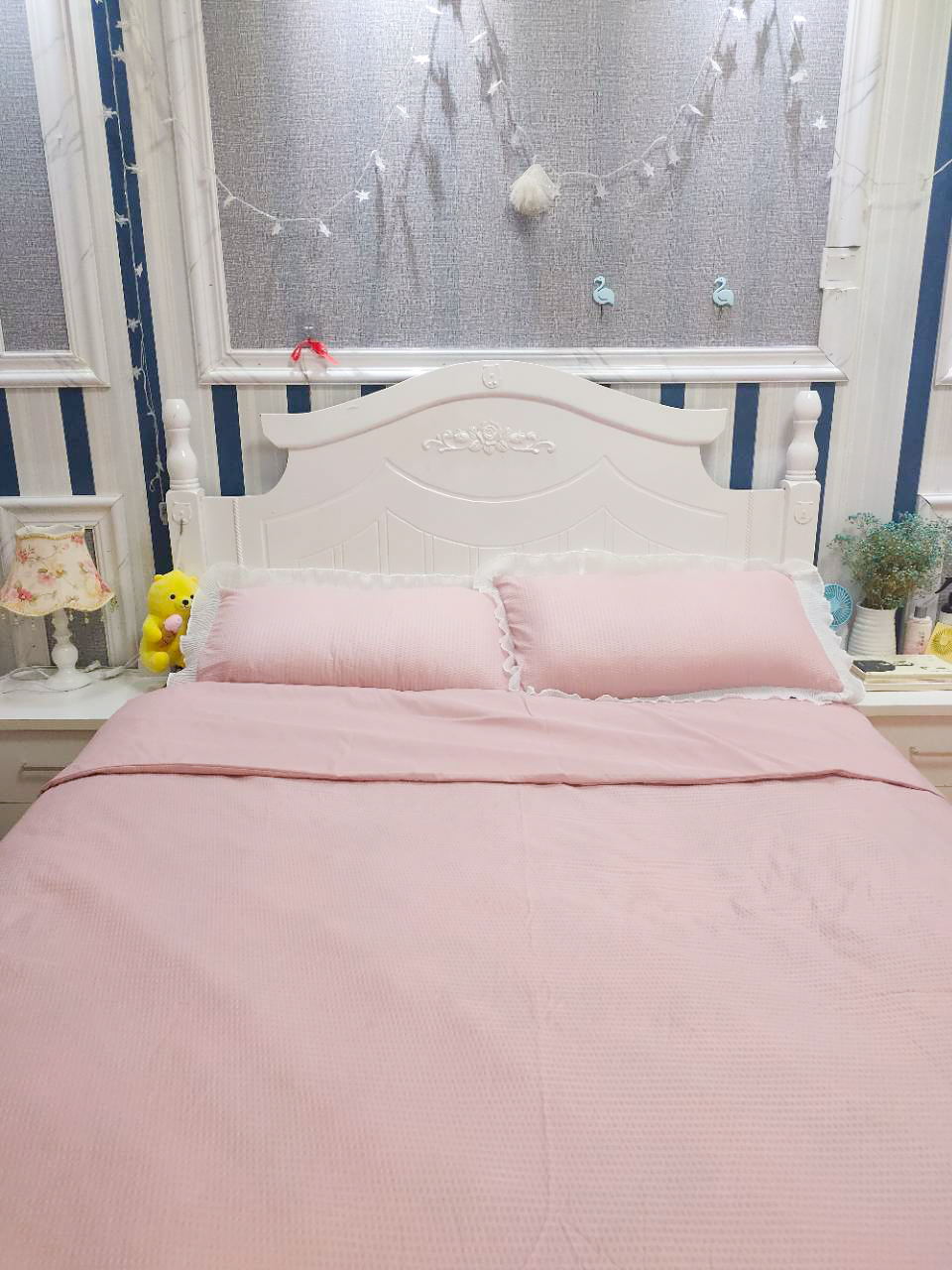 91家纺网 家纺一手货源 找家纺 慕澄家纺 2022新款华夫格雪纺花边四件套 浅豆沙