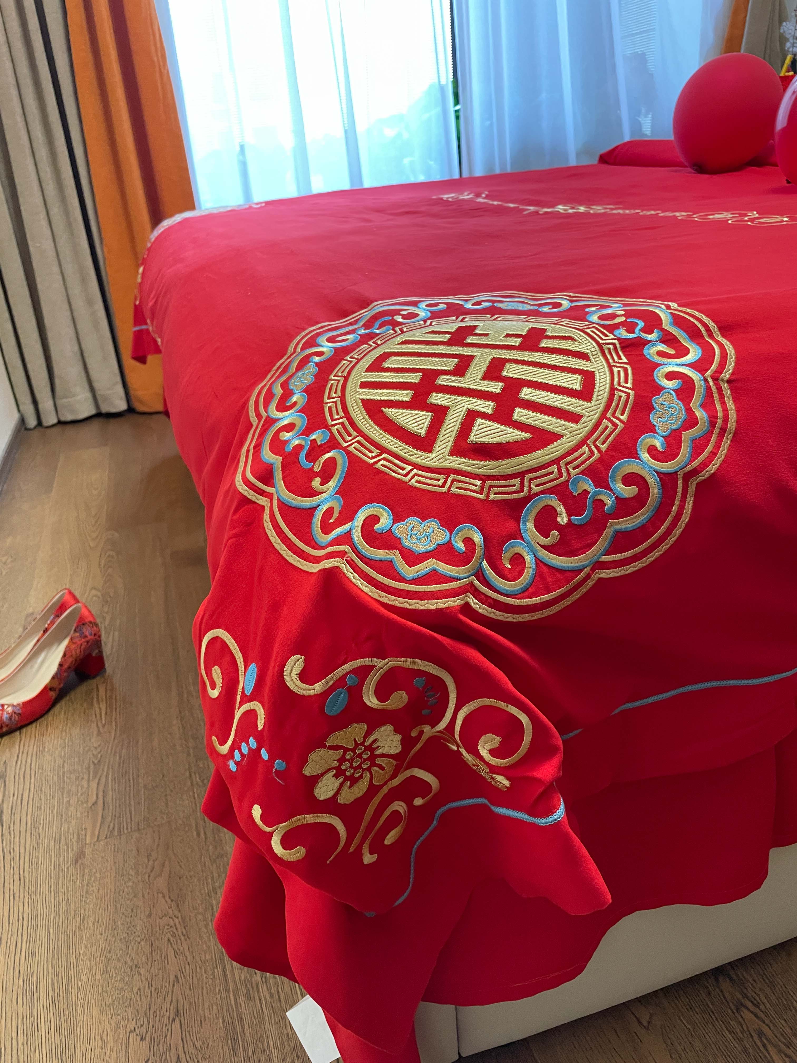 91家纺网 家纺一手货源 找家纺 金麦家纺2024新款磨毛婚庆四件套 百年好合