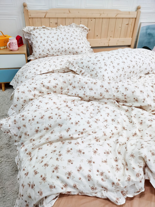 91家纺网 家纺一手货源 找家纺 淑女公社家纺2022新款纯棉双层纱花边款四件套 法兰西玫瑰