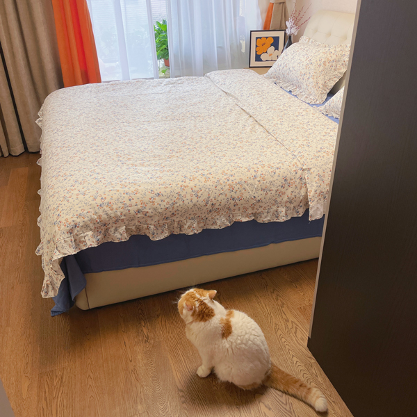 91家纺网 家纺一手货源 找家纺 淑女公社家纺2022新款纯棉双层纱花边款四件套 亚麻蓝花