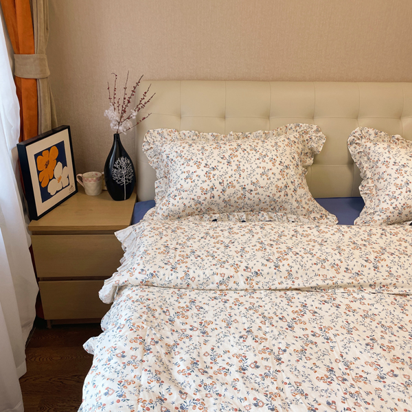 91家纺网 家纺一手货源 找家纺 淑女公社家纺2022新款纯棉双层纱花边款四件套 亚麻蓝花