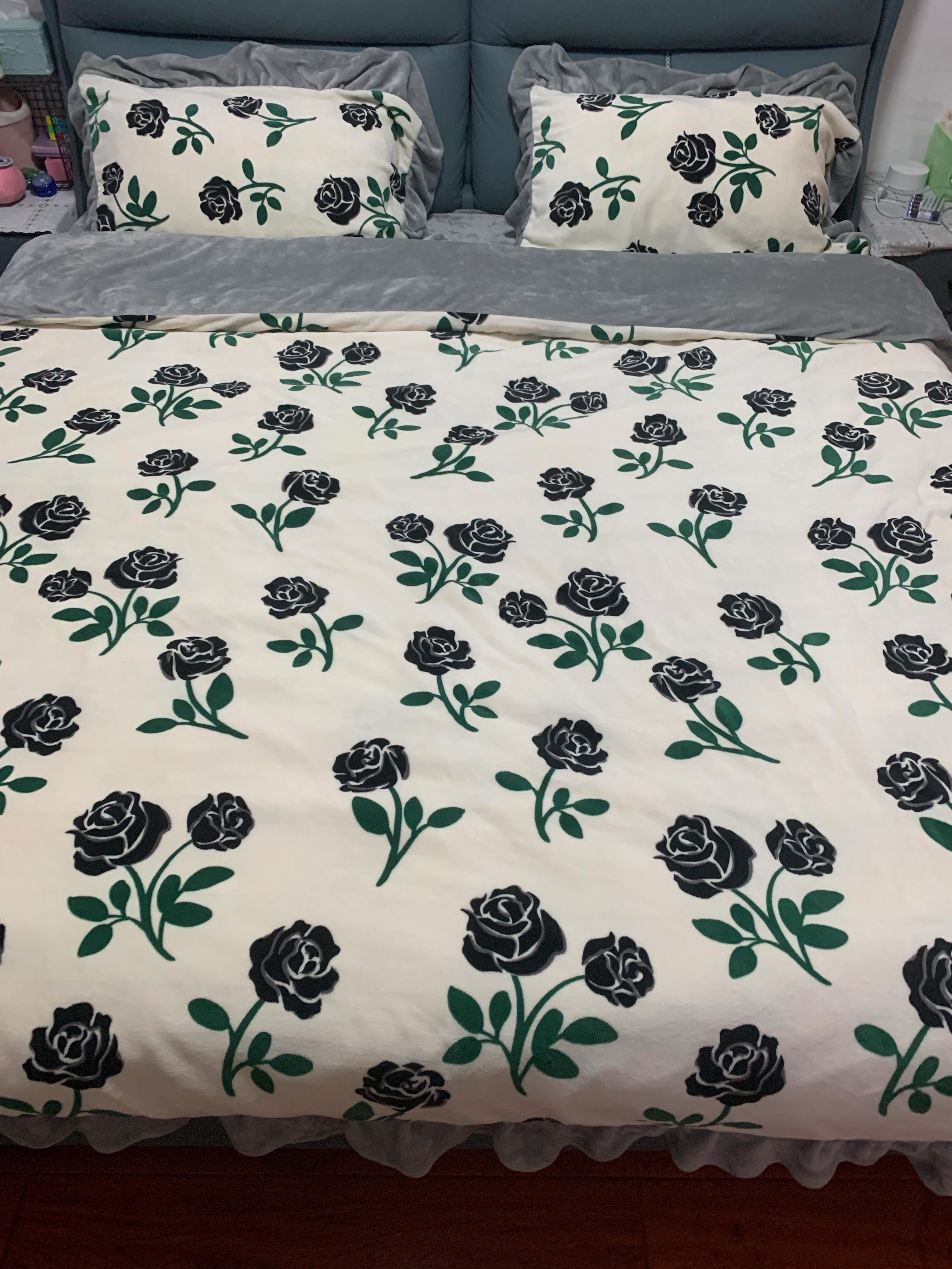 91家纺网 家纺一手货源 找家纺 花伞新款韩版花边高克重牛奶绒小清新四件套 韩版-荒野玫瑰