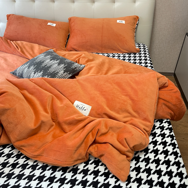 91家纺网 家纺一手货源 找家纺 花漾家居 2023新款秋冬新品千鸟格双拼牛奶绒四件套 暖阳桔