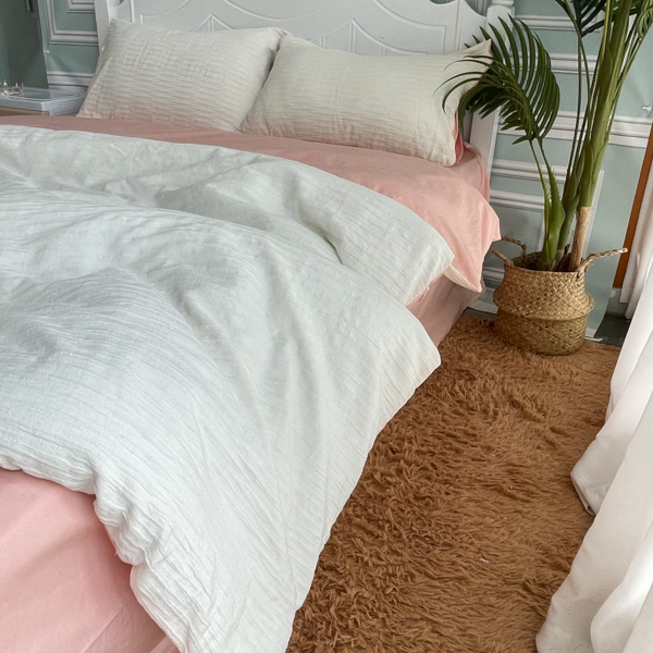 91家纺网 家纺一手货源 找家纺 （总）沐晴 2022新款简约纯棉双拼泡泡纱全棉床单床笠四件套