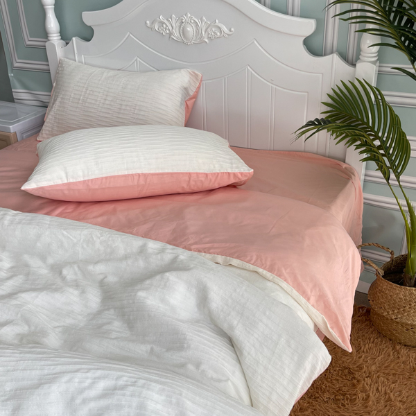 91家纺网 家纺一手货源 找家纺 （总）沐晴 2022新款简约纯棉双拼泡泡纱全棉床单床笠四件套