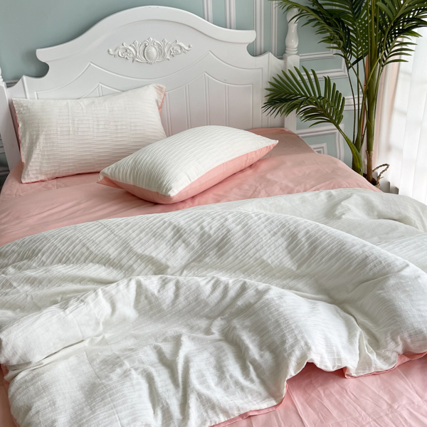 91家纺网 家纺一手货源 找家纺 （总）沐晴 2022新款简约纯棉双拼泡泡纱全棉床单床笠四件套