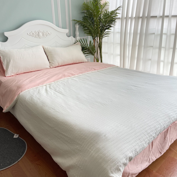 91家纺网 家纺一手货源 找家纺 沐晴2022新款简约纯棉双拼泡泡纱全棉床单床笠款四件套白粉玉