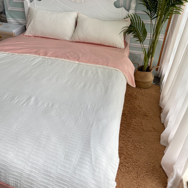 91家纺网 家纺一手货源 找家纺 沐晴2022新款简约纯棉双拼泡泡纱全棉床单床笠款四件套白粉玉