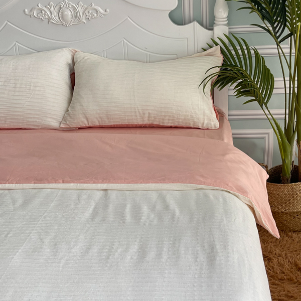 91家纺网 家纺一手货源 找家纺 沐晴2022新款简约纯棉双拼泡泡纱全棉床单床笠款四件套白粉玉