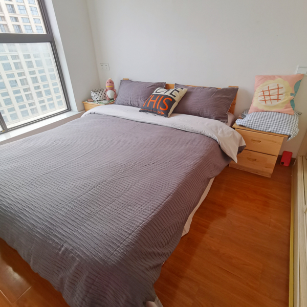 91家纺网 家纺一手货源 找家纺 沐晴 2022新款简约纯棉双拼泡泡纱全棉床单床笠款四件套黑灰