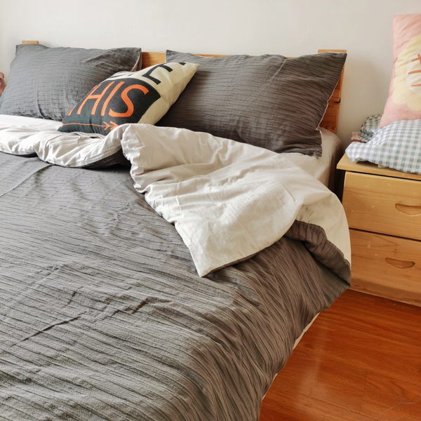 91家纺网 家纺一手货源 找家纺 沐晴 2022新款简约纯棉双拼泡泡纱全棉床单床笠款四件套黑灰