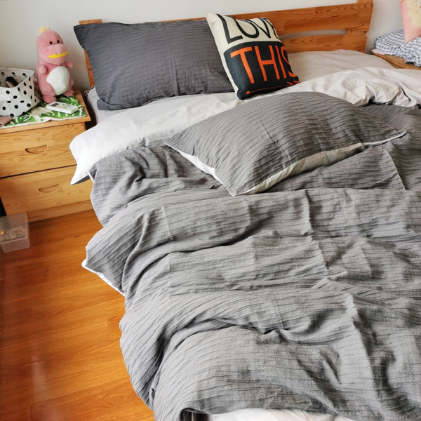 91家纺网 家纺一手货源 找家纺 沐晴 2022新款简约纯棉双拼泡泡纱全棉床单床笠款四件套黑灰