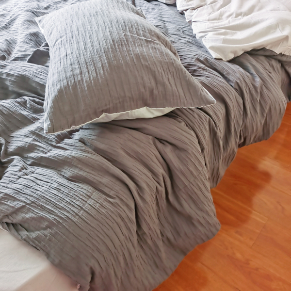 91家纺网 家纺一手货源 找家纺 沐晴 2022新款简约纯棉双拼泡泡纱全棉床单床笠款四件套黑灰