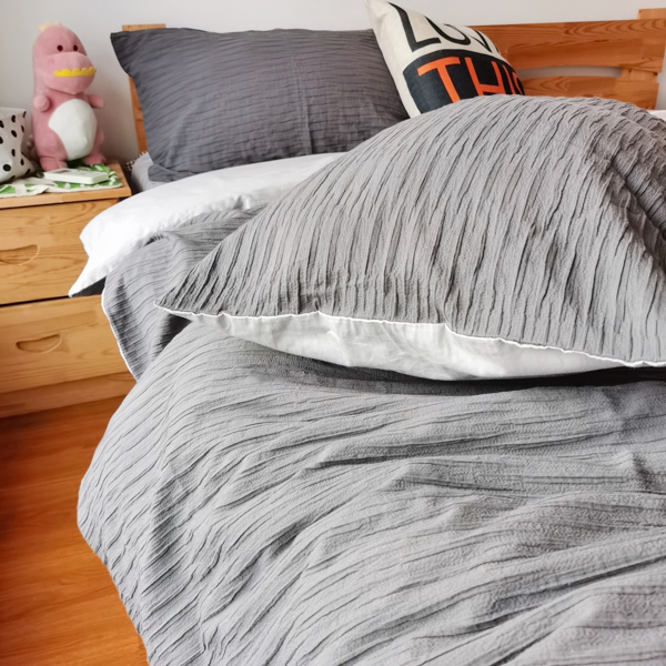 91家纺网 家纺一手货源 找家纺 沐晴 2022新款简约纯棉双拼泡泡纱全棉床单床笠款四件套黑灰