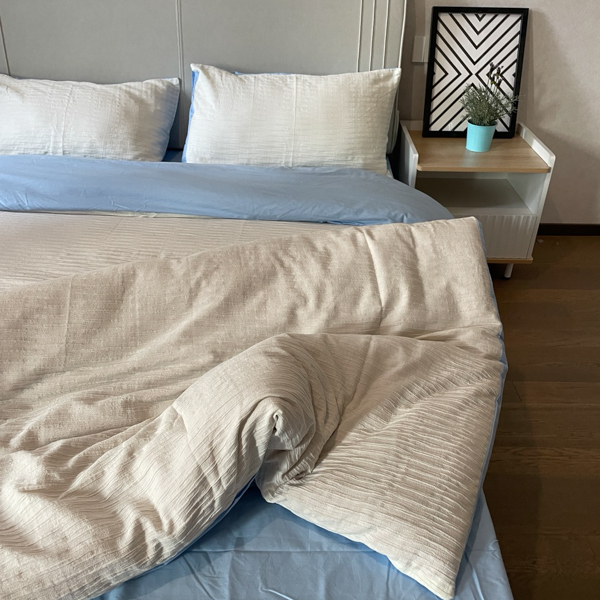 91家纺网 家纺一手货源 找家纺 沐晴2022新款简约纯棉双拼泡泡纱全棉床单床笠款四件套天空蓝