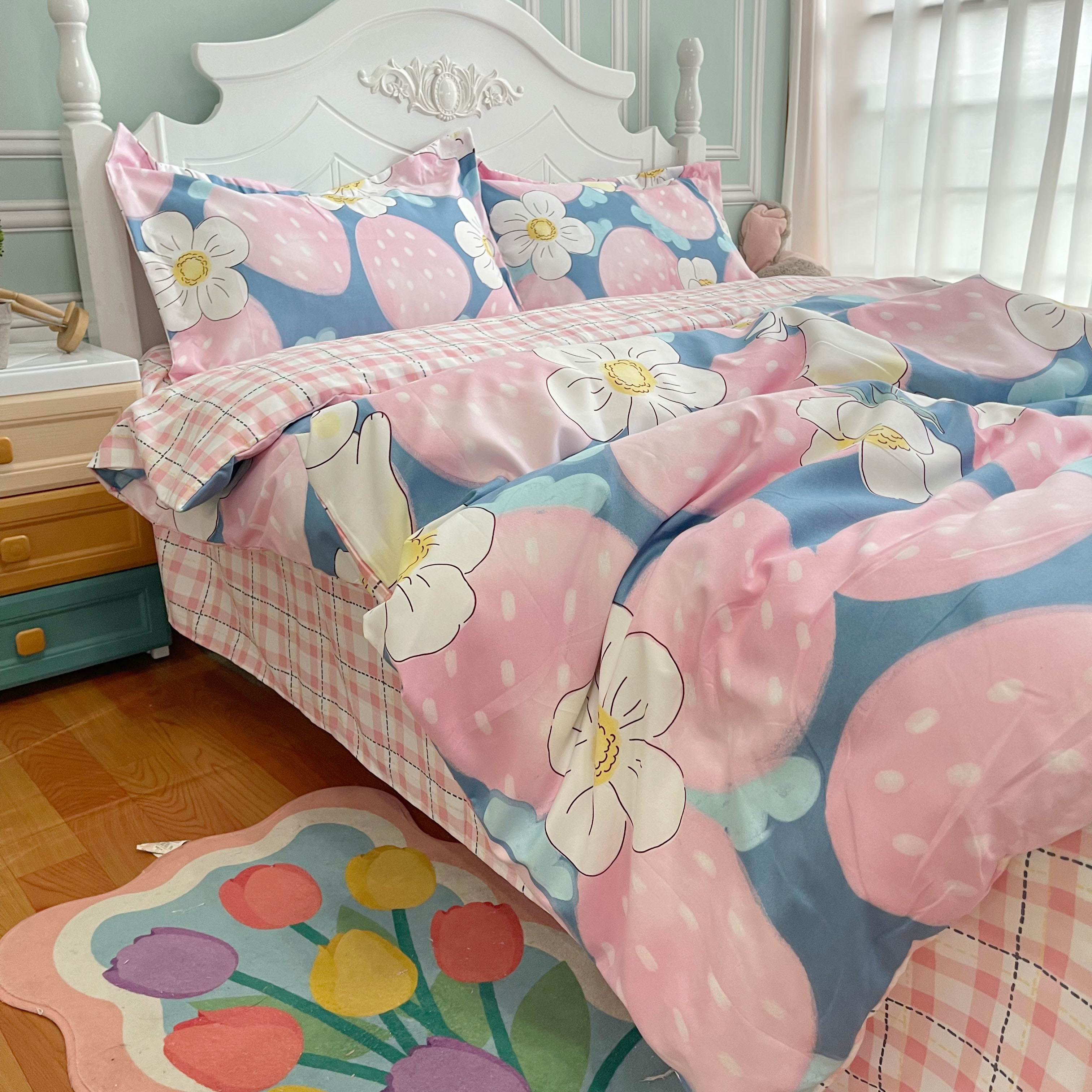 91家纺网 家纺一手货源 找家纺 艾橙2022秋冬新款140g植物羊绒磨毛四件套系列草莓爱恋