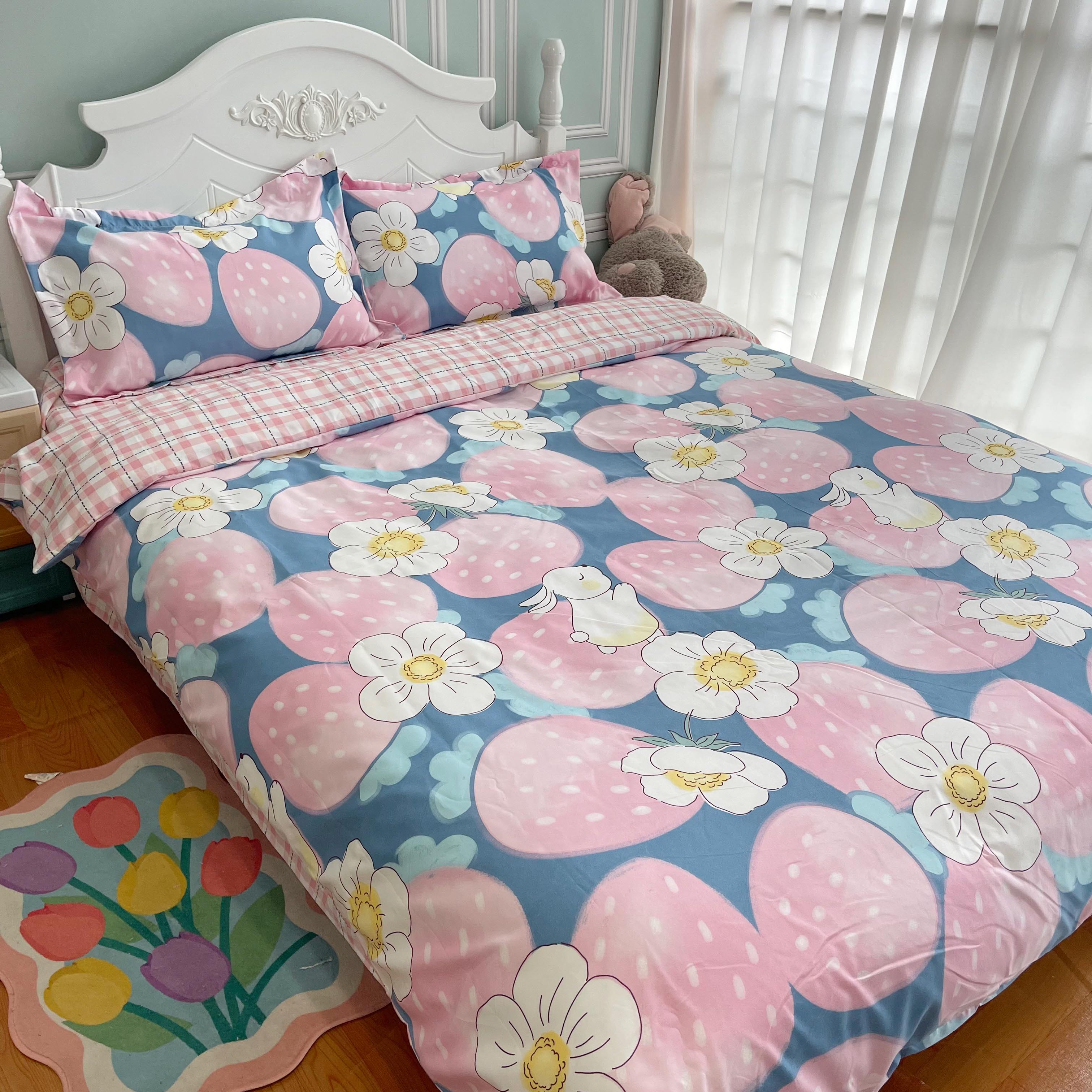 91家纺网 家纺一手货源 找家纺 艾橙2022秋冬新款140g植物羊绒磨毛四件套系列草莓爱恋