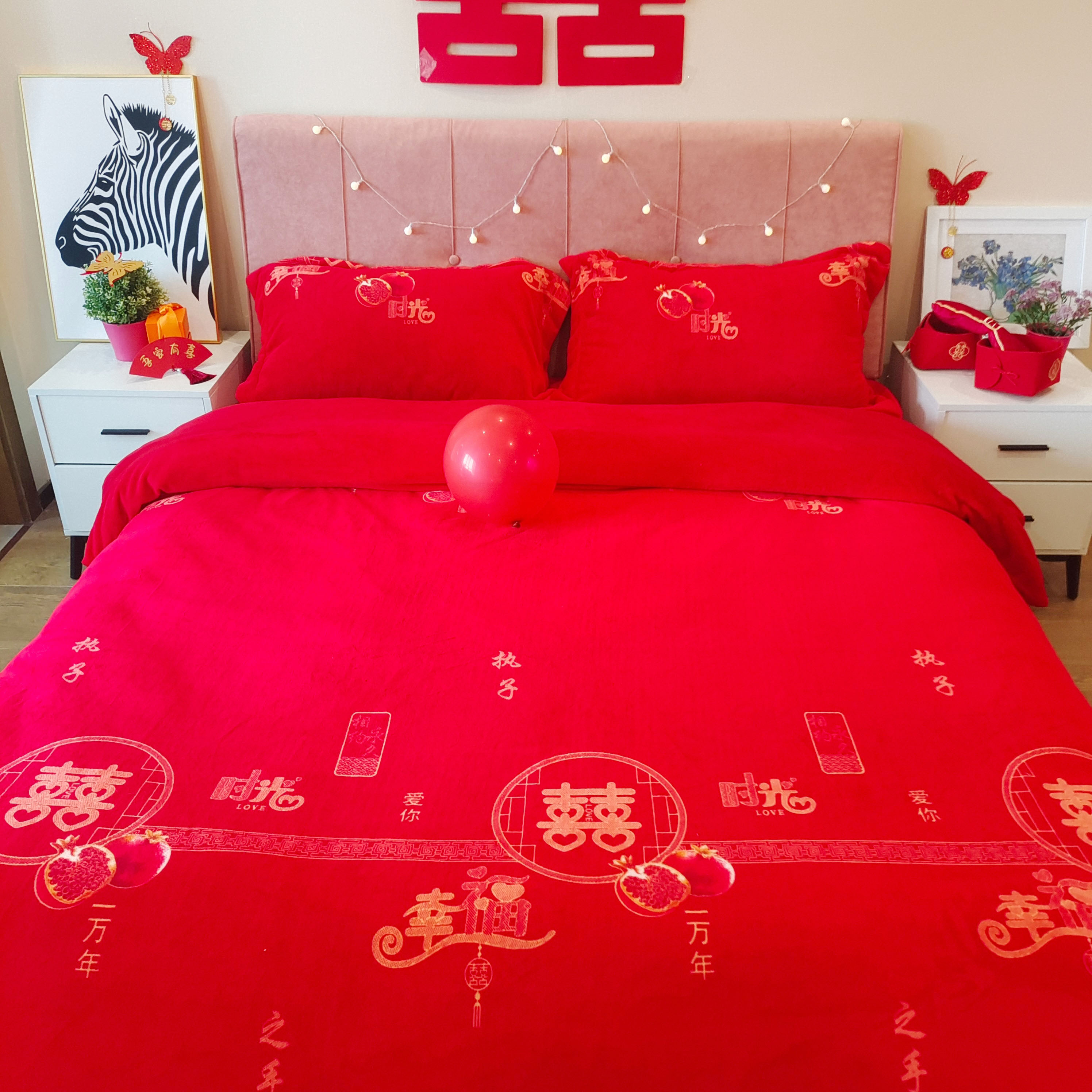 91家纺网 家纺一手货源 找家纺 金麦家纺 新款婚庆牛奶绒印花婚庆被大红喜被四件套 执子之手