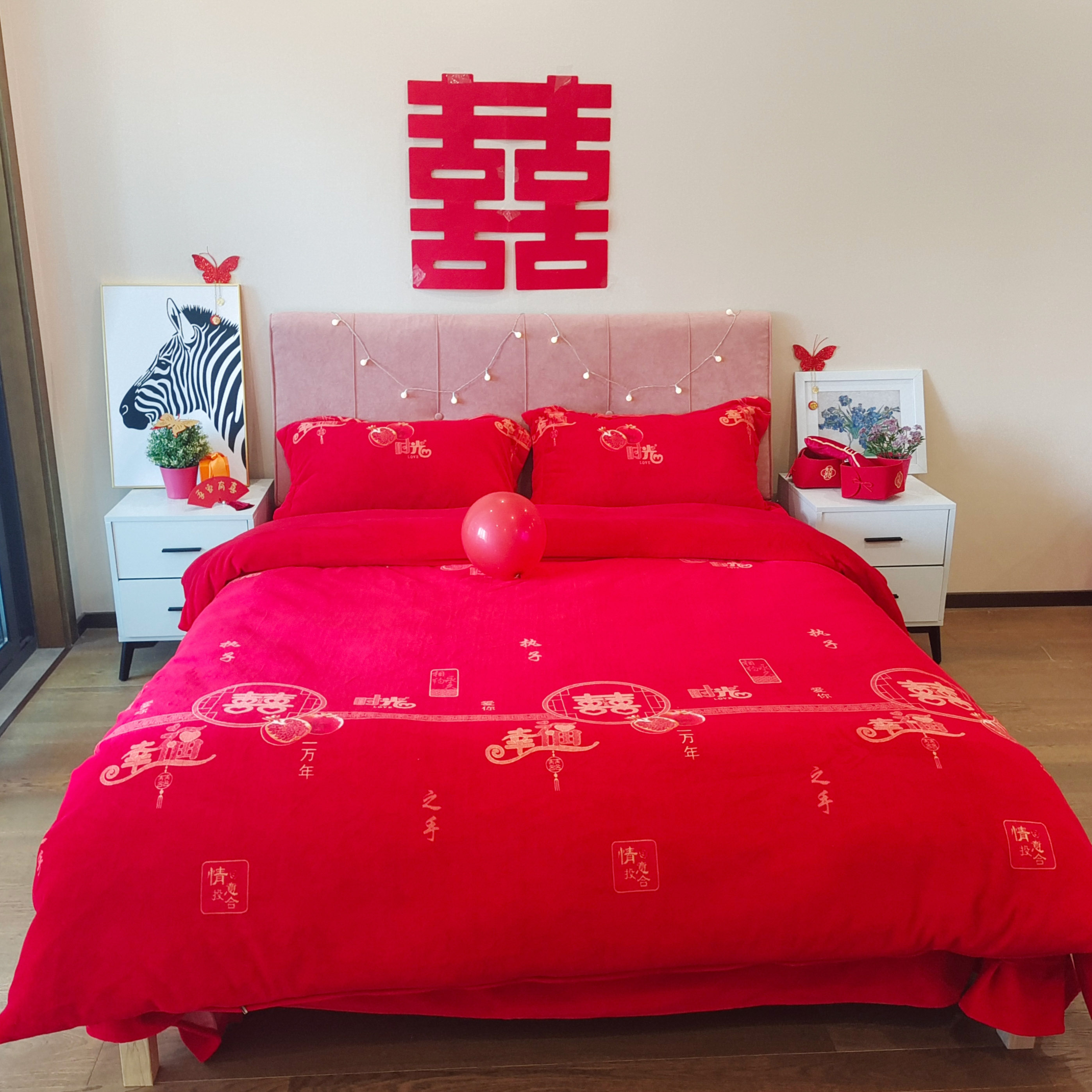 91家纺网 家纺一手货源 找家纺 金麦家纺 新款婚庆牛奶绒印花婚庆被大红喜被四件套 执子之手