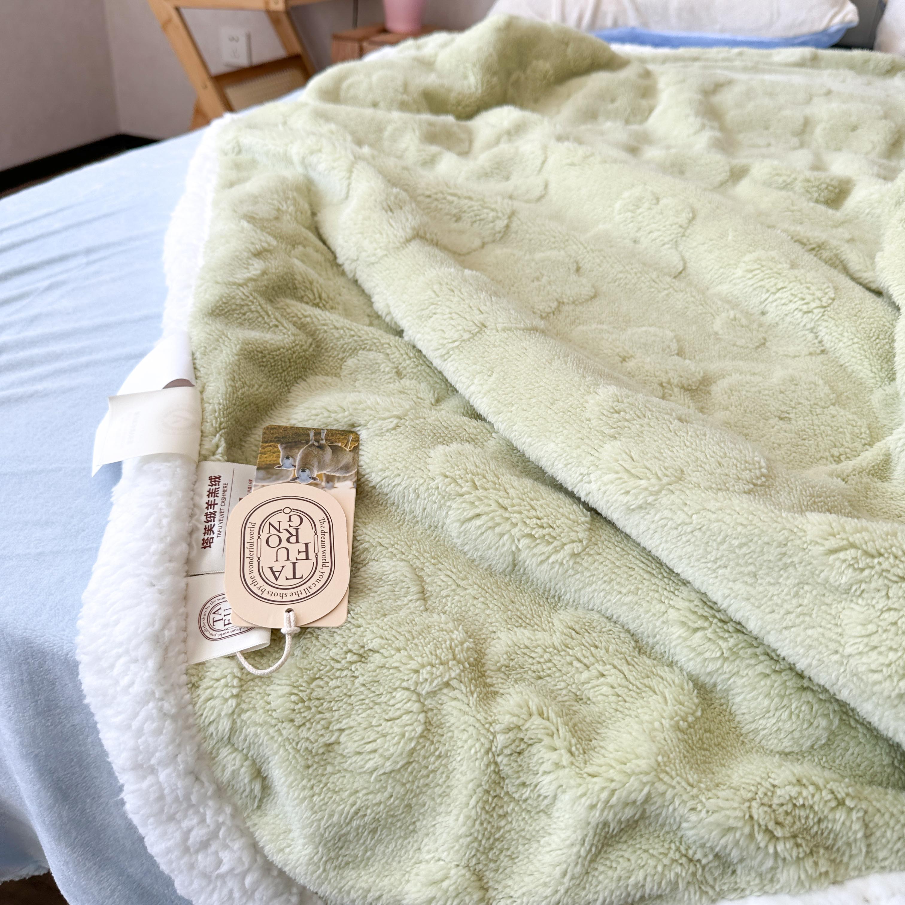 91家纺网 家纺一手货源 找家纺 呗旺鹿2022新A类双面塔芙绒羊羔绒毛毯盖毯子 浅浅花漾-绿