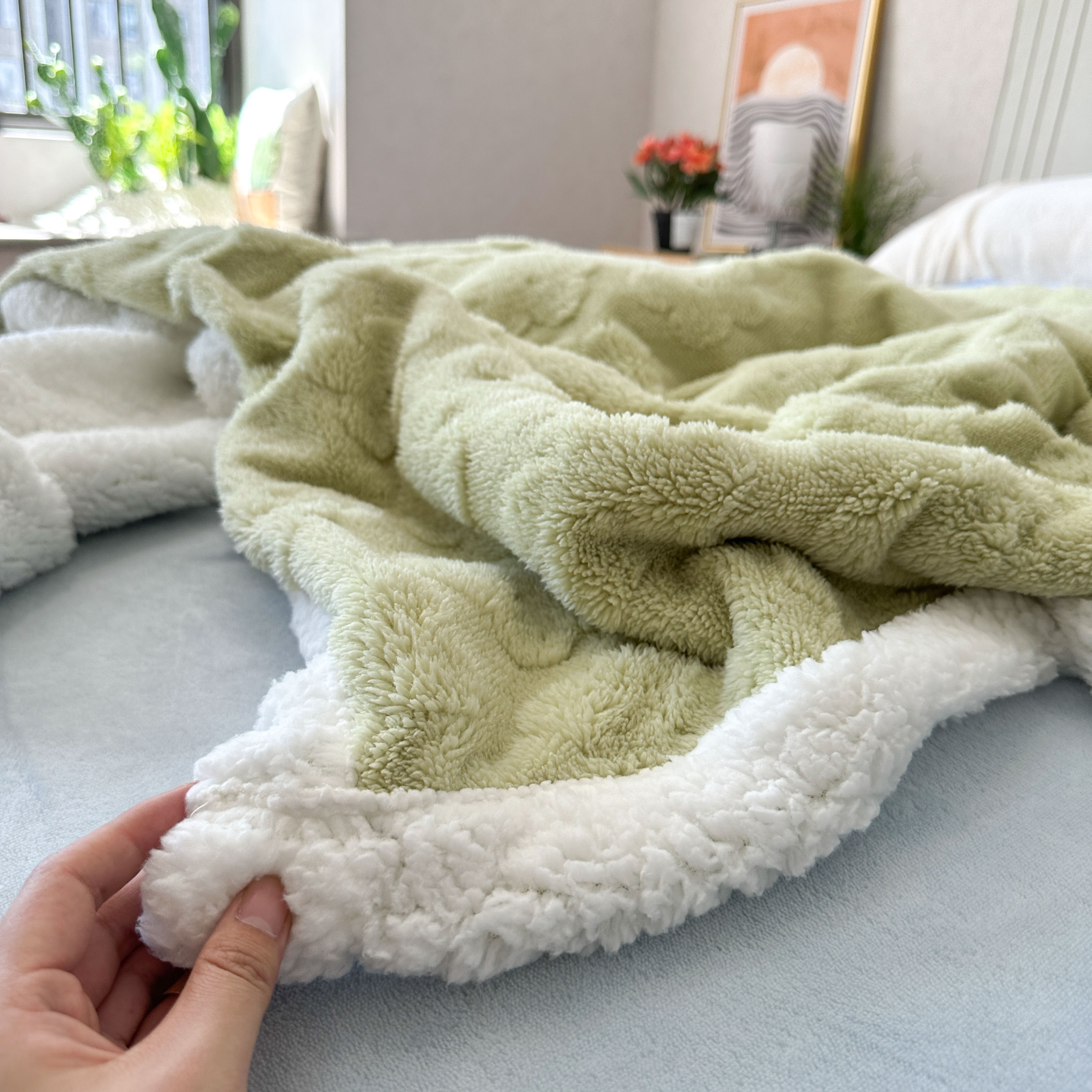 91家纺网 家纺一手货源 找家纺 呗旺鹿2022新A类双面塔芙绒羊羔绒毛毯盖毯子 浅浅花漾-绿