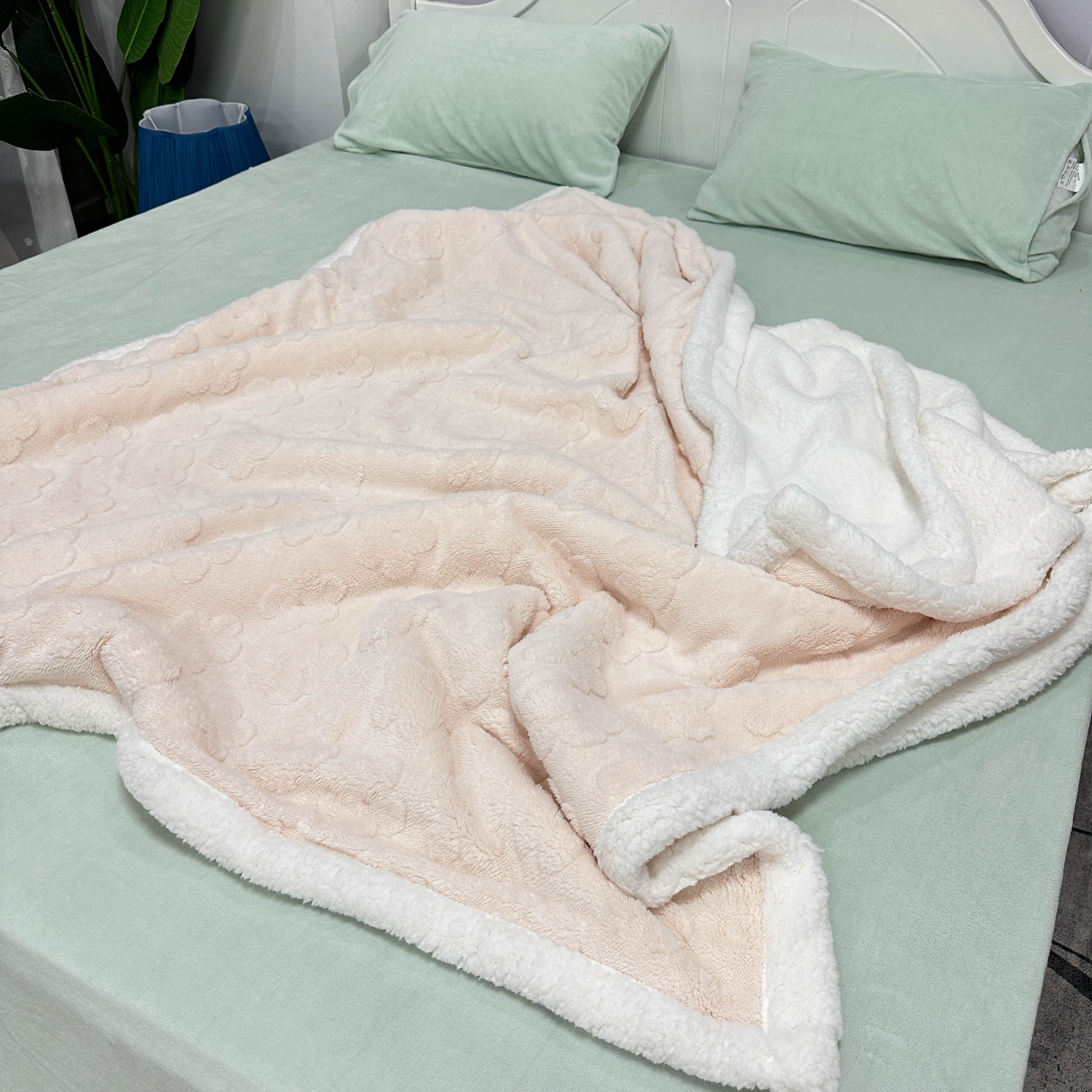 91家纺网 家纺一手货源 找家纺 呗旺鹿2022新A类双面塔芙绒羊羔绒毛毯盖毯子 浅浅花漾-粉