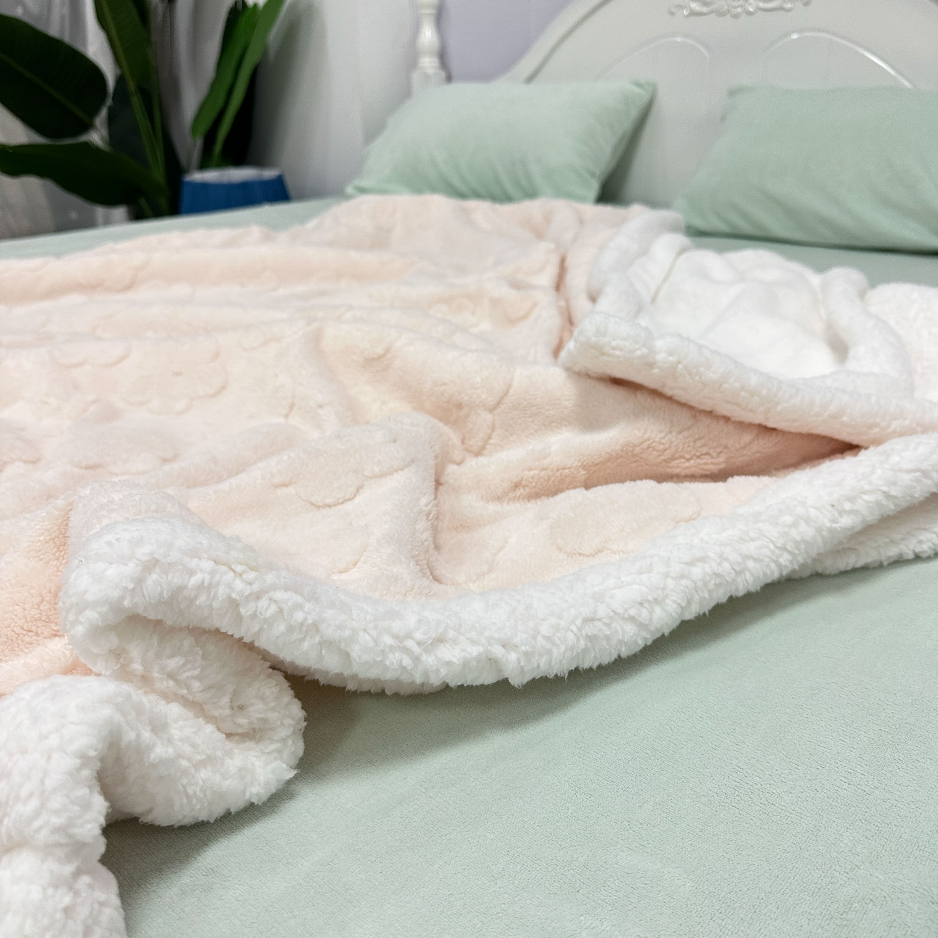 91家纺网 家纺一手货源 找家纺 呗旺鹿2022新A类双面塔芙绒羊羔绒毛毯盖毯子 浅浅花漾-粉