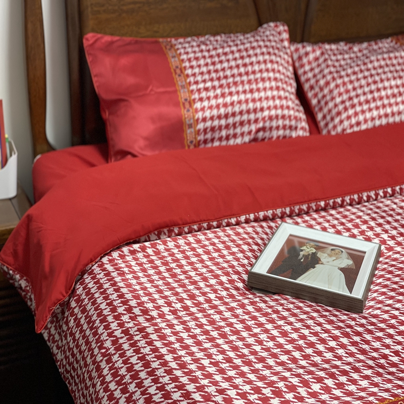 91家纺网 家纺一手货源 找家纺 用心2022新款高端数码印花刺绣款婚庆四件套系列2 云喜