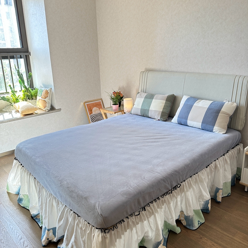 91家纺网 家纺一手货源 找家纺 好阁 2022新款200g牛奶绒单品床笠 冰川蓝