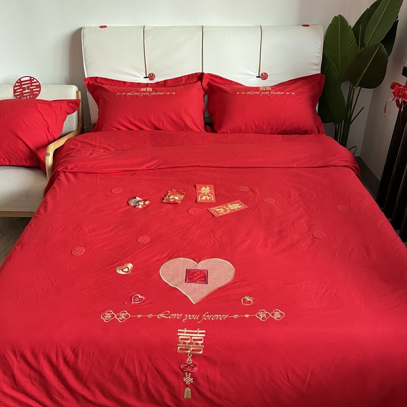 91家纺网 家纺一手货源 找家纺 玉雅家纺 2025新款亲肤棉刺绣婚庆四件套 唯 一