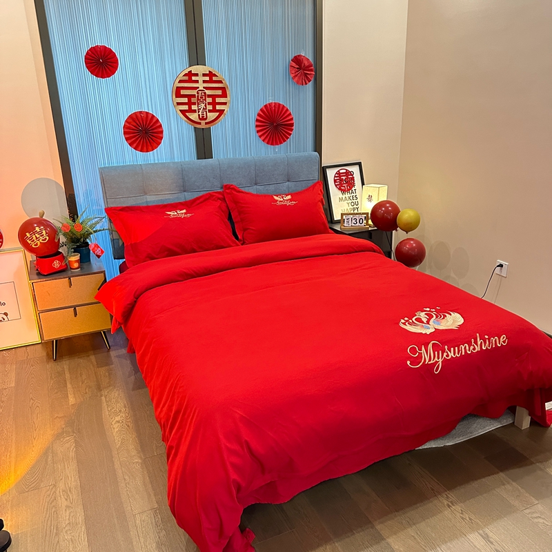 91家纺网 家纺一手货源 找家纺 玉雅家纺 2025新款亲肤棉刺绣婚庆四件套 相恋