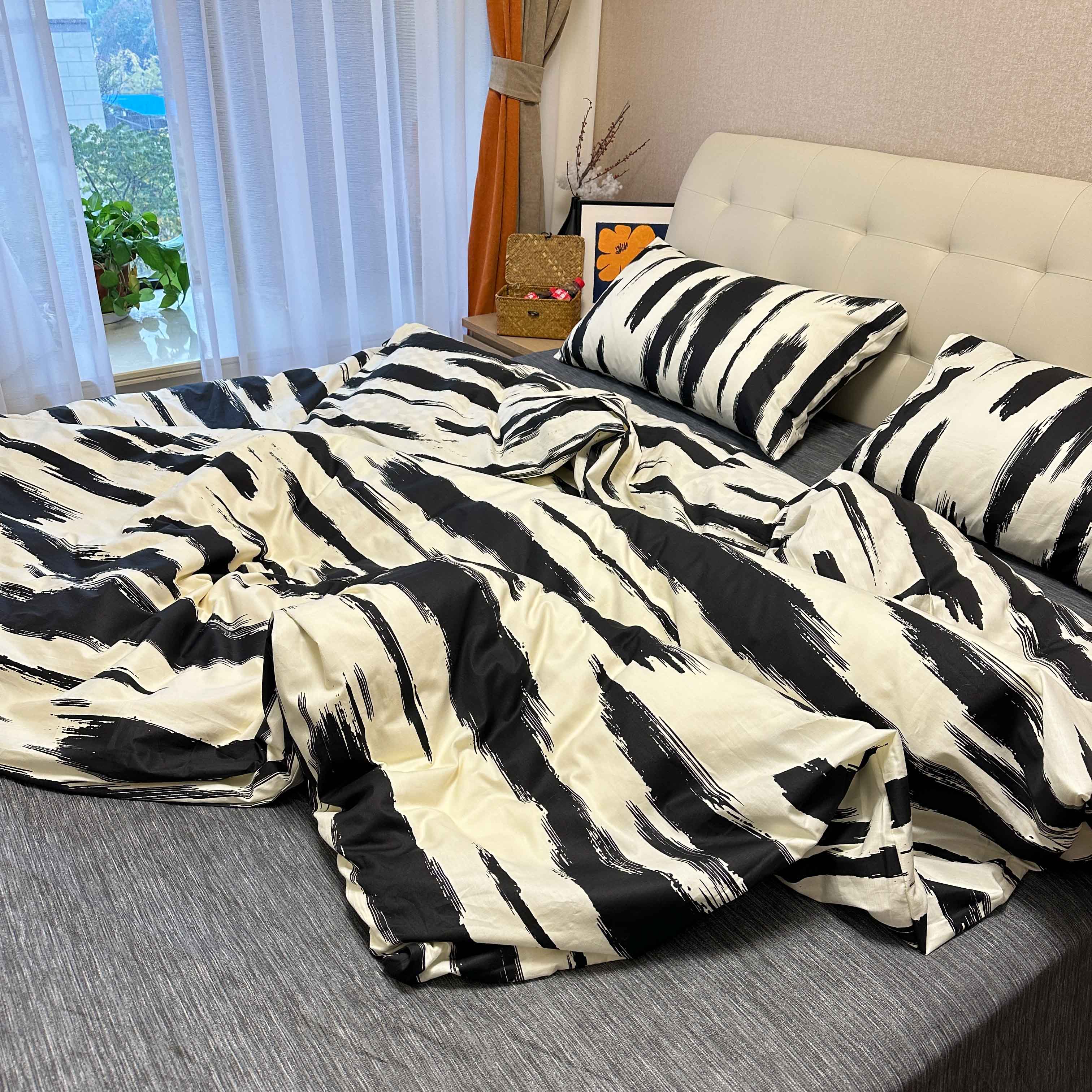 91家纺网 家纺一手货源 找家纺 暮思2023北欧简约水波纹博主13372纯棉四件套水波纹炭黑