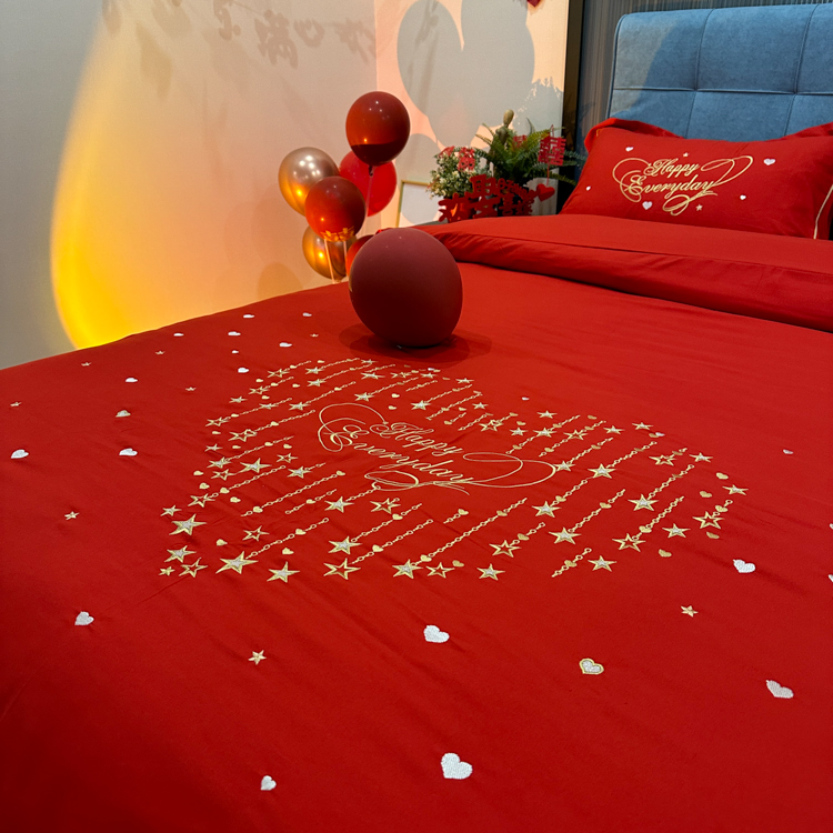 91家纺网 家纺一手货源 找家纺 金麦家纺2024新款磨毛婚庆四件套婚庆被大红喜被星语星愿