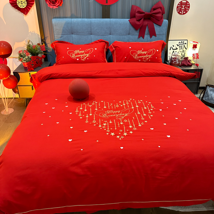 91家纺网 家纺一手货源 找家纺 金麦家纺2024新款磨毛婚庆四件套婚庆被大红喜被星语星愿