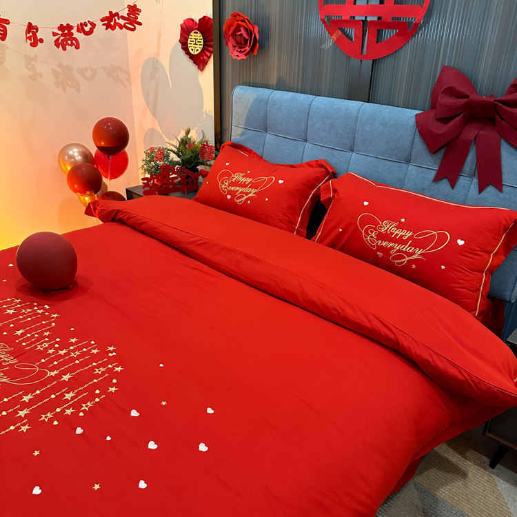 91家纺网 家纺一手货源 找家纺 金麦家纺2024新款磨毛婚庆四件套婚庆被大红喜被星语星愿