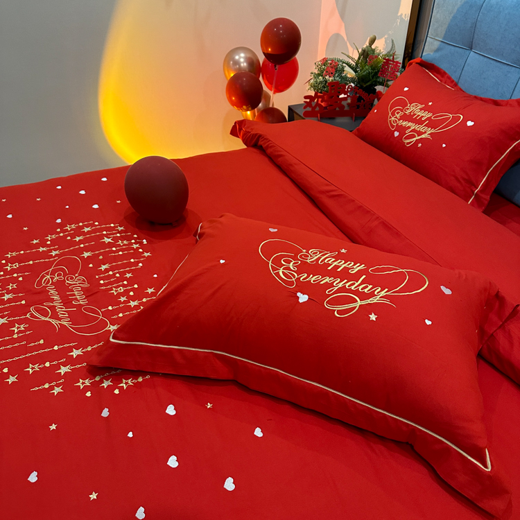 91家纺网 家纺一手货源 找家纺 金麦家纺2024新款磨毛婚庆四件套婚庆被大红喜被星语星愿