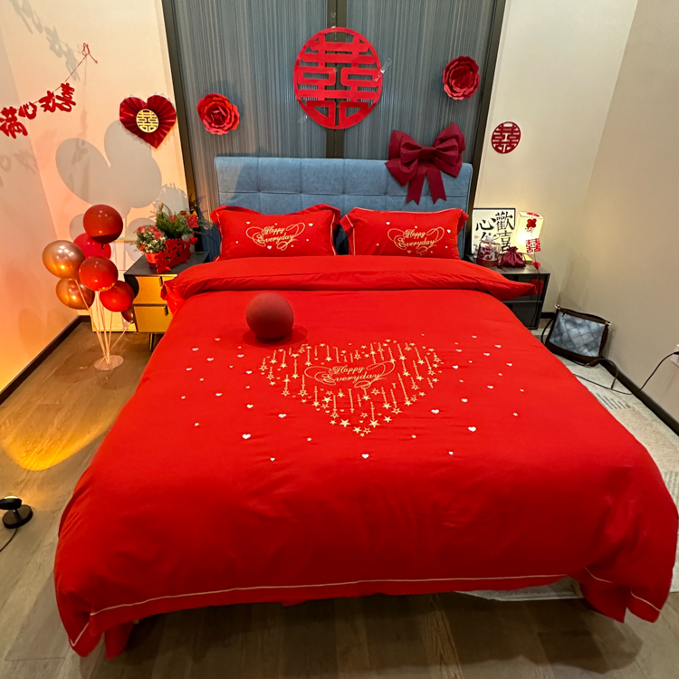 91家纺网 家纺一手货源 找家纺 金麦家纺2024新款磨毛婚庆四件套婚庆被大红喜被星语星愿