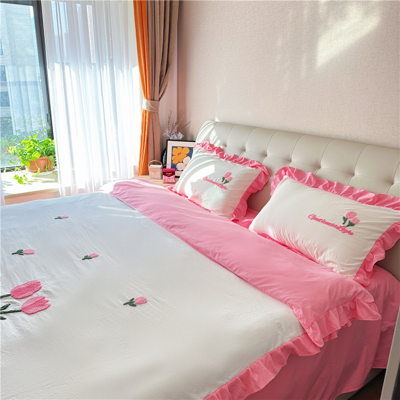 91家纺网 家纺一手货源 找家纺 易禾家纺 2024新款水洗亲肤棉毛巾绣四件套 郁金香-玫粉