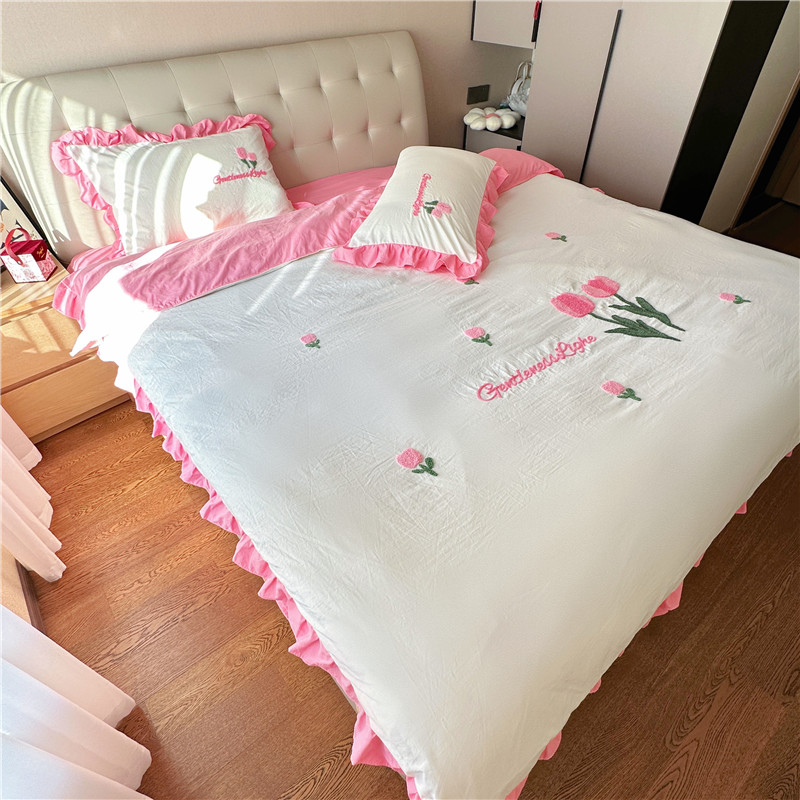 91家纺网 家纺一手货源 找家纺 易禾家纺 2024新款水洗亲肤棉毛巾绣四件套 郁金香-玫粉